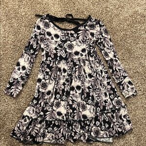 Chic Floral Skull Kids Dress in Black and White